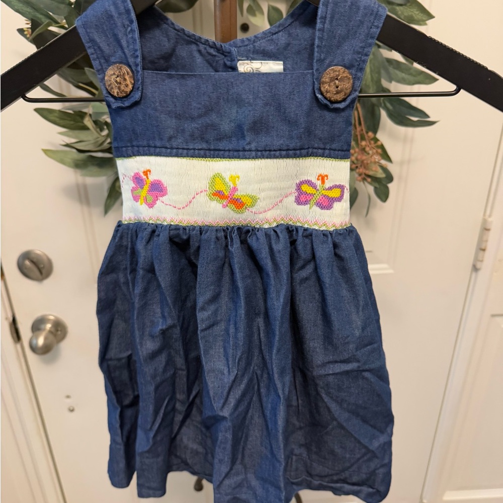 SissyMini Smocked Butterfly Dark Wash Chambray Jumper Dress Sleeveless Dress 3T